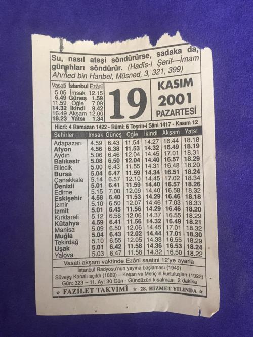 19 Kasım 2001 Takvim Yaprağı - Nostalji Koleksiyonluk Takvim Yaprağı