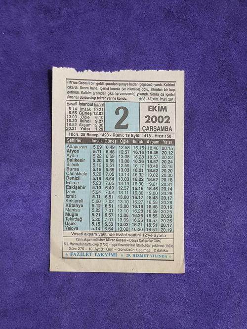 2 Ekim 2002 Takvim Yaprağı - Nostalji Koleksiyonluk Takvim Yaprağı
