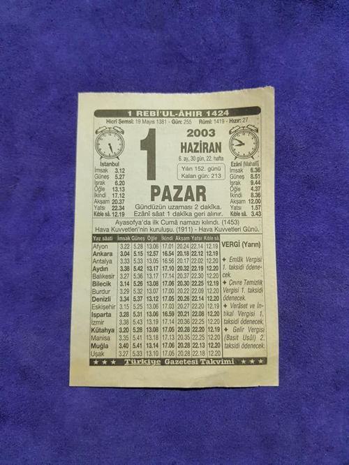 1 Haziran 2003 Takvim Yaprağı - Nostaljik Koleksiyonluk Takvim Yaprağı