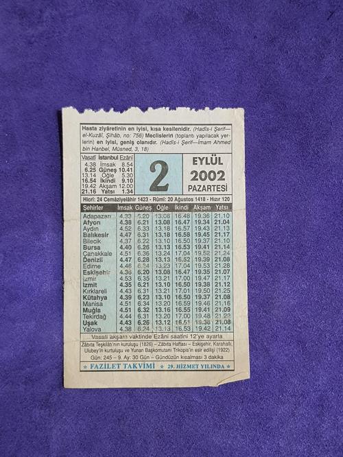 2 Eylül 2002 Takvim Yaprağı - Nostalji Koleksiyonluk Takvim Yaprağı