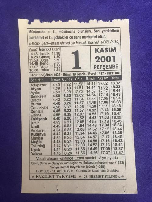 1 Kasım 2001 Takvim Yaprağı - Nostalji Koleksiyonluk Takvim Yaprağı