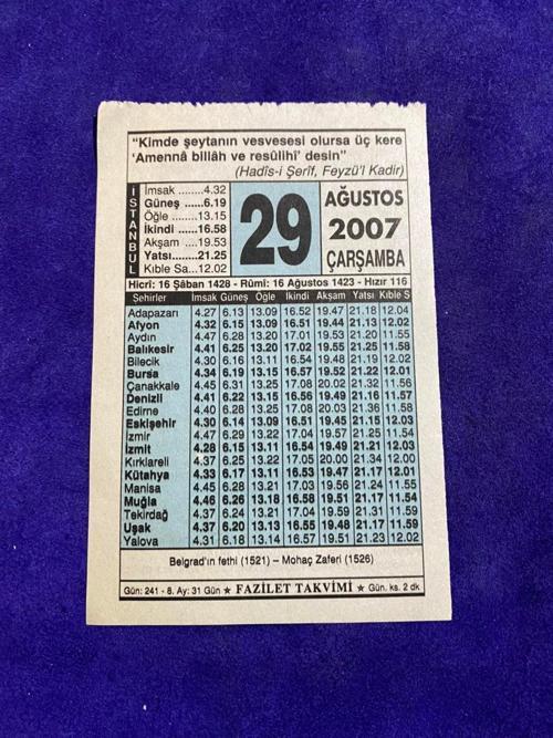 29 Ağustos 2007 Takvim Yaprağı - Nostalji Koleksiyonluk Takvim Yaprağı