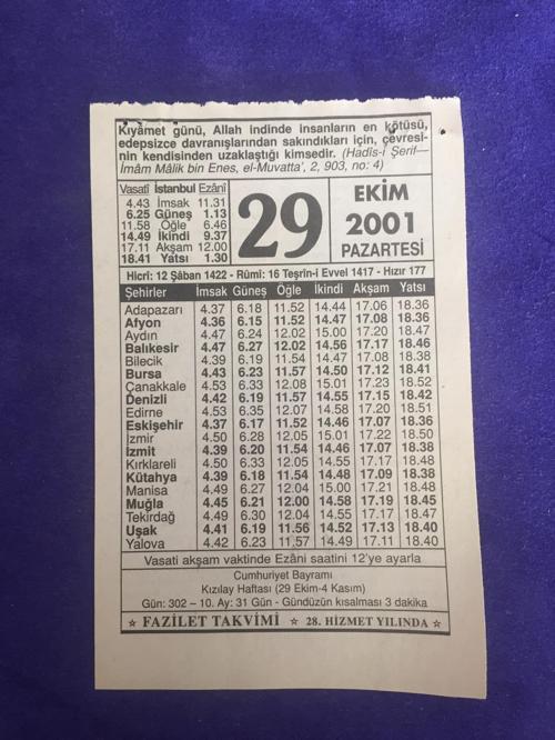 29 Ekim 2001 Takvim Yaprağı - Nostalji Koleksiyonluk Takvim Yaprağı