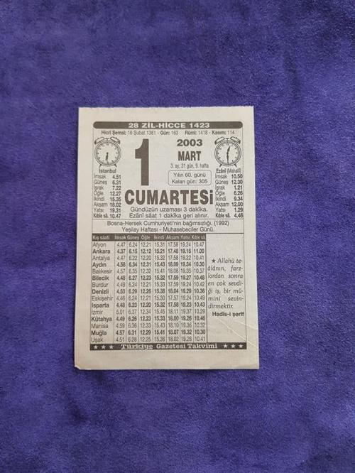 1 Mart 2003 Takvim Yaprağı - Nostaljik Koleksiyonluk Takvim Yaprağı