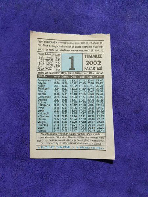 1 Temmuz 2002 Takvim Yaprağı - Nostalji Koleksiyonluk Takvim Yaprağı