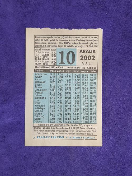 10 Aralık 2002 Takvim Yaprağı - Nostalji Koleksiyonluk Takvim Yaprağı
