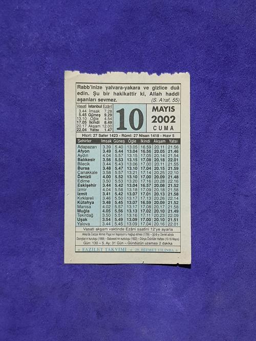 10 Mayıs 2002 Takvim Yaprağı - Nostalji Koleksiyonluk Takvim Yaprağı A