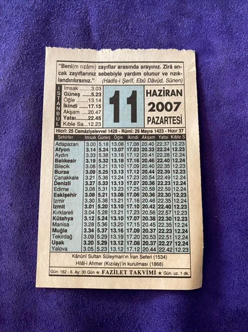11 Haziran 2007 Takvim Yaprağı - Nostalji Koleksiyonluk Takvim Yaprağı