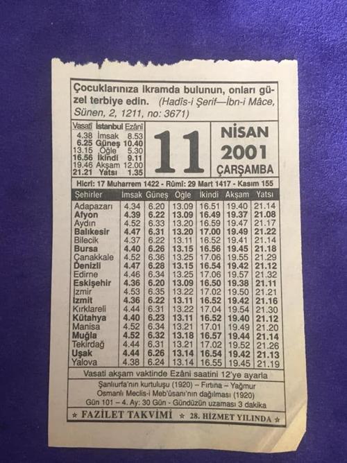 11 Nisan 2001 Takvim Yaprağı - Nostalji Koleksiyonluk Takvim Yaprağı