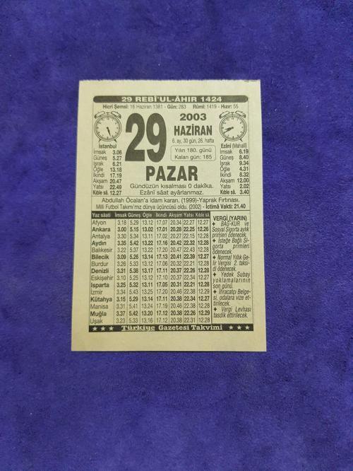 29 Haziran 2003 Takvim Yaprağı - Nostaljik Koleksiyonluk Takvim Yaprağı