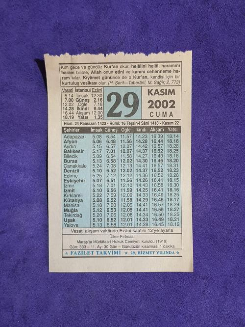 29 Kasım 2002 Takvim Yaprağı - Nostalji Koleksiyonluk Takvim Yaprağı