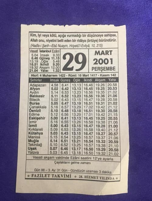29 Mart 2001 Takvim Yaprağı - Nostalji Koleksiyonluk Takvim Yaprağı