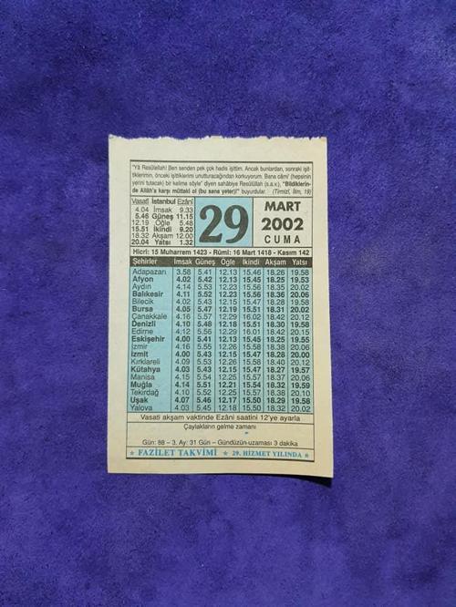 29 Mart 2002 Takvim Yaprağı - Nostalji Koleksiyonluk Takvim Yaprağı A