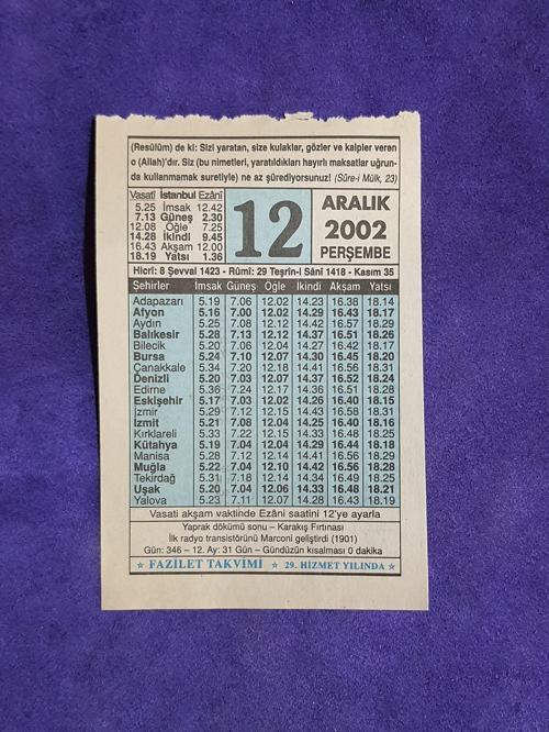12 Aralık 2002 Takvim Yaprağı - Nostalji Koleksiyonluk Takvim Yaprağı