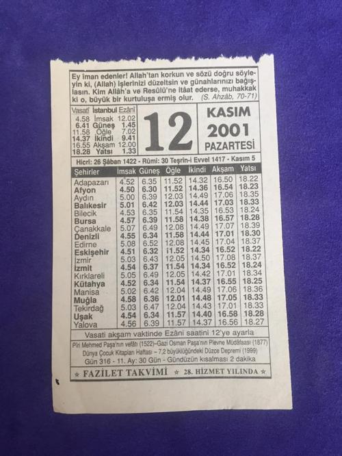 12 Kasım 2001 Takvim Yaprağı - Nostalji Koleksiyonluk Takvim Yaprağı