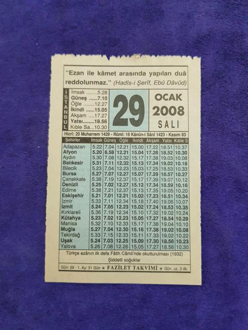 29 Ocak 2008 Takvim Yaprağı - Nostaljik Koleksiyonluk Takvim Yaprağı 