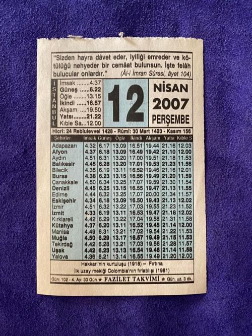 12 Nisan 2007 Takvim Yaprağı - Nostalji Koleksiyonluk Takvim Yaprağı B