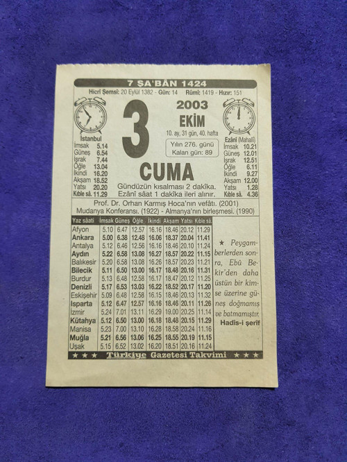 3 Ekim 2003 Takvim Yaprağı - Nostaljik Koleksiyonluk Takvim Yaprağı