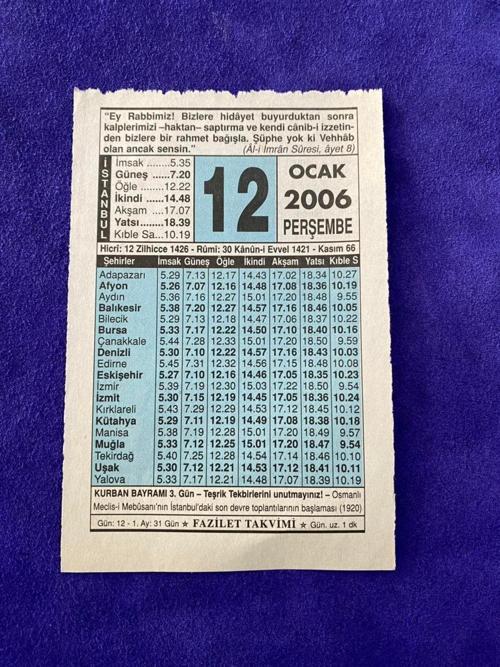 12 Ocak 2006 Takvim Yaprağı - Nostalji Koleksiyonluk Takvim Yaprağı