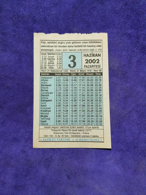 3 Haziran 2002 Takvim Yaprağı - Nostalji Koleksiyonluk Takvim Yaprağı 