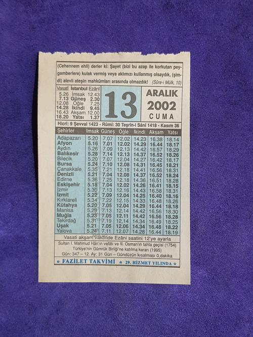 13 Aralık 2002 Takvim Yaprağı - Nostalji Koleksiyonluk Takvim Yaprağı