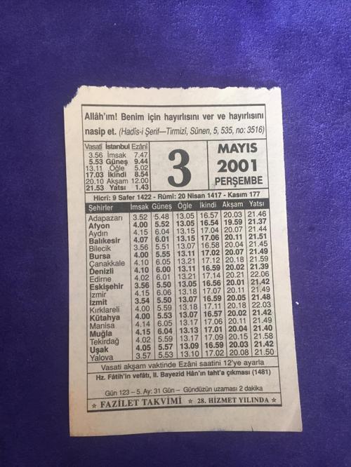 3 Mayıs 2001 Takvim Yaprağı - Nostalji Koleksiyonluk Takvim Yaprağı