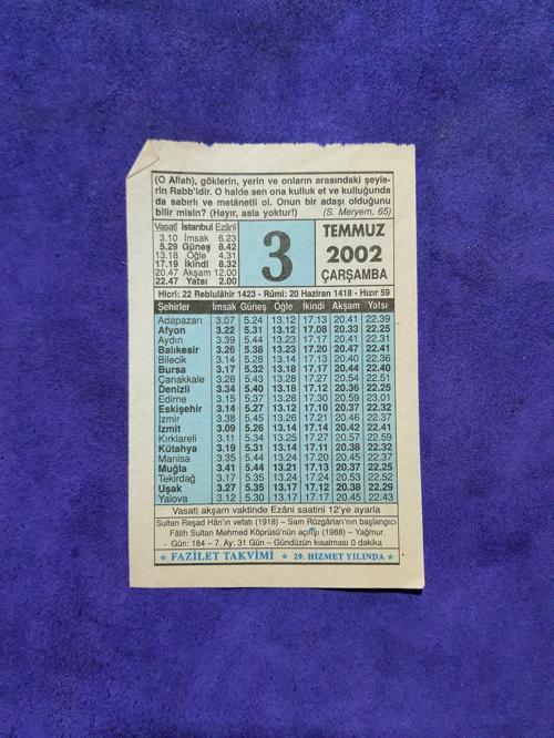 3 Temmuz 2002 Takvim Yaprağı - Nostalji Koleksiyonluk Takvim Yaprağı