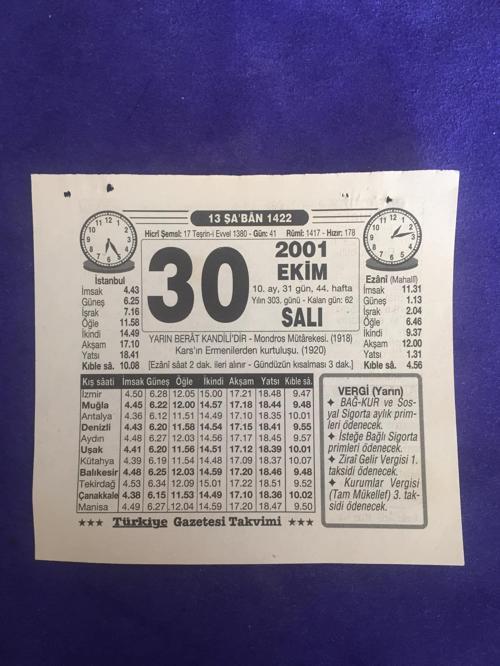 30 Ekim 2001 Takvim Yaprağı - Nostalji Koleksiyonluk Takvim Yaprağı B