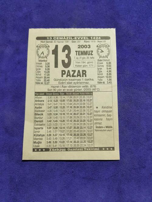 13 Temmuz 2003 Takvim Yaprağı - Nostaljik Koleksiyonluk Takvim Yaprağı
