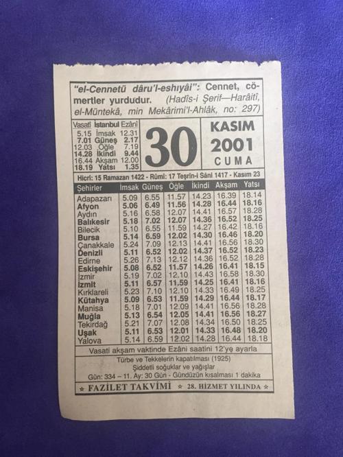 30 Kasım 2001 Takvim Yaprağı - Nostalji Koleksiyonluk Takvim Yaprağı