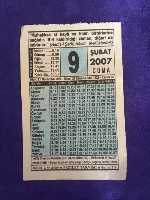 9 Şubat 2007 Takvim Yaprağı - Nostalji Koleksiyonluk Takvim Yaprağı