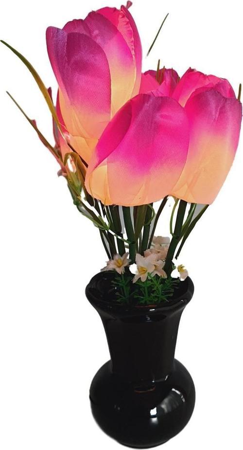 90'lar Temalı Dekoratif Işıklı Yapay Çiçek 27cm (Mor-Beyaz Lale)