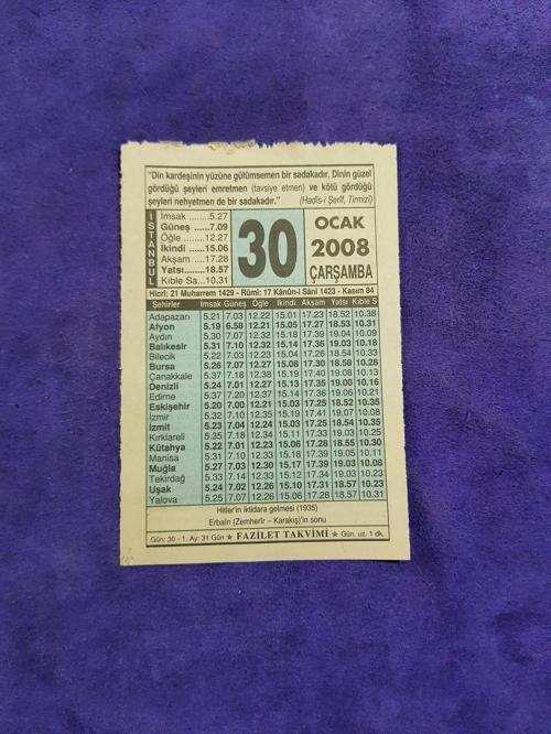 30 Ocak 2008 Takvim Yaprağı - Nostaljik Koleksiyonluk Takvim Yaprağı