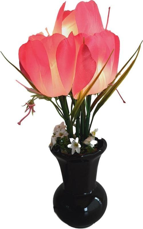 90'lar Temalı Dekoratif Işıklı Yapay Çiçek 27cm (Pembe-Beyaz Lale)