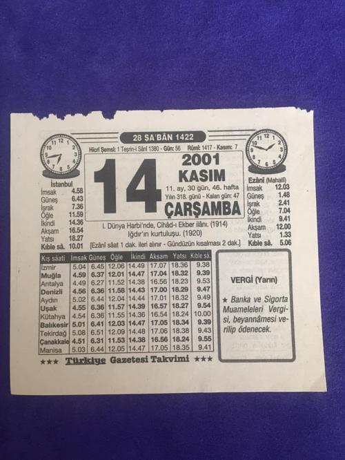 14 Kasım 2001 Takvim Yaprağı - Nostalji Koleksiyonluk Takvim Yaprağı B