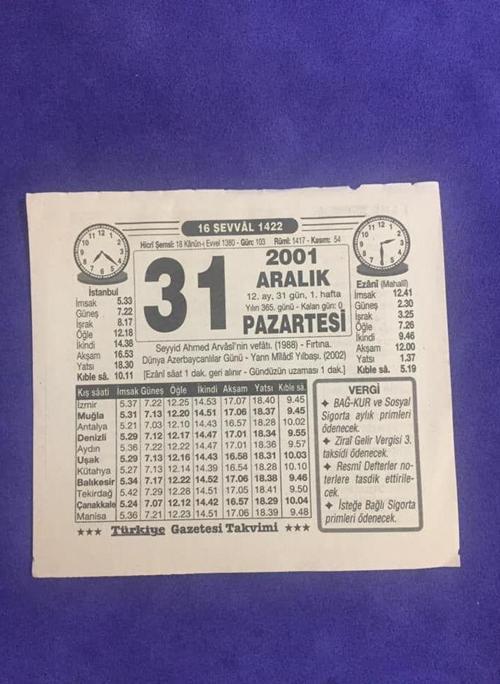 31 Aralık 2001 Takvim Yaprağı - Nostalji Koleksiyonluk Takvim Yaprağı