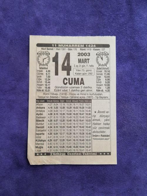 14 Mart 2003 Takvim Yaprağı - Nostaljik Koleksiyonluk Takvim Yaprağı
