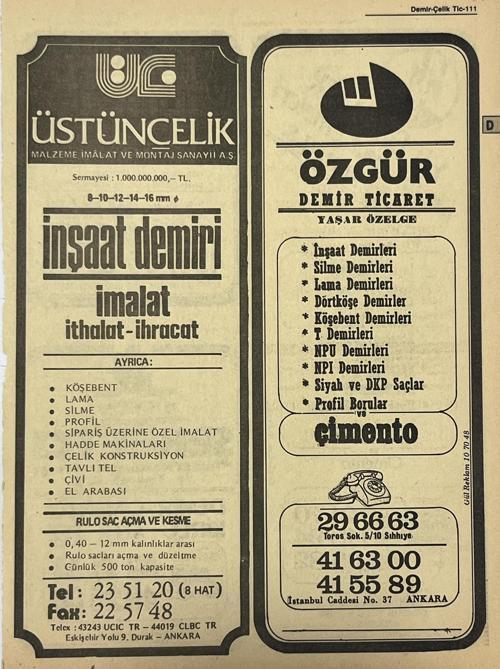 Ankara 1986 Meslek Reklam İlanı Efemera S111