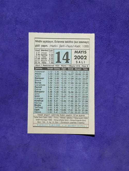 14 Mayıs 2002 Takvim Yaprağı - Nostalji Koleksiyonluk Takvim Yaprağı A