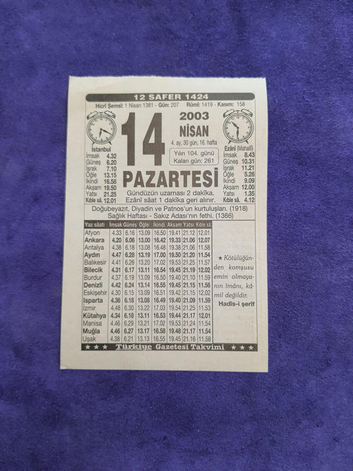 14 Nisan 2003 Takvim Yaprağı - Nostaljik Koleksiyonluk Takvim Yaprağı