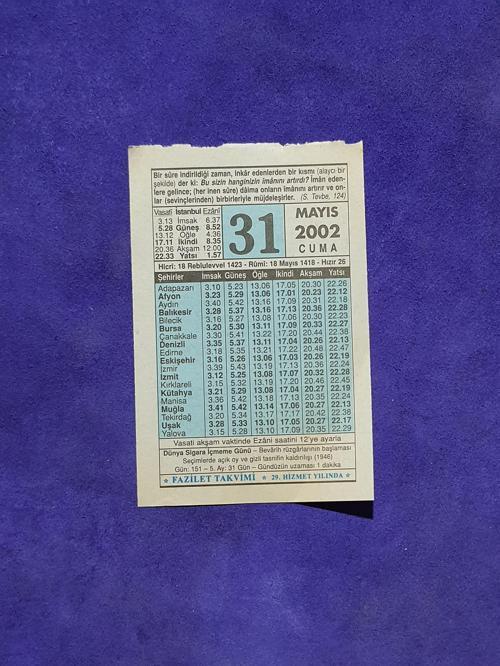 31 Mayıs 2002 Takvim Yaprağı - Nostalji Koleksiyonluk Takvim Yaprağı A