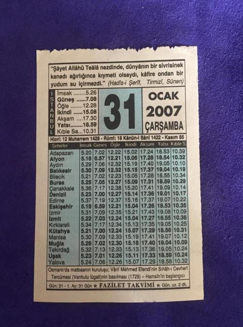 31 Ocak 2007 Takvim Yaprağı - Nostalji Koleksiyonluk Takvim Yaprağı
