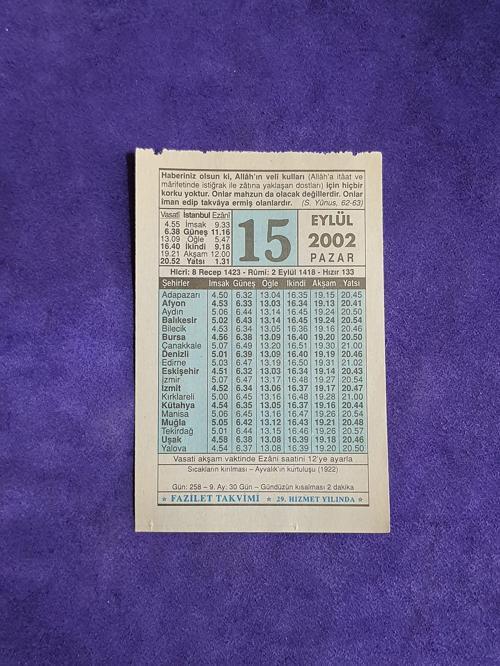 15 Eylül 2002 Takvim Yaprağı - Nostalji Koleksiyonluk Takvim Yaprağı