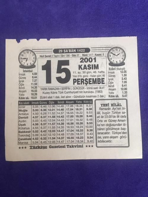 15 Kasım 2001 Takvim Yaprağı - Nostalji Koleksiyonluk Takvim Yaprağı B