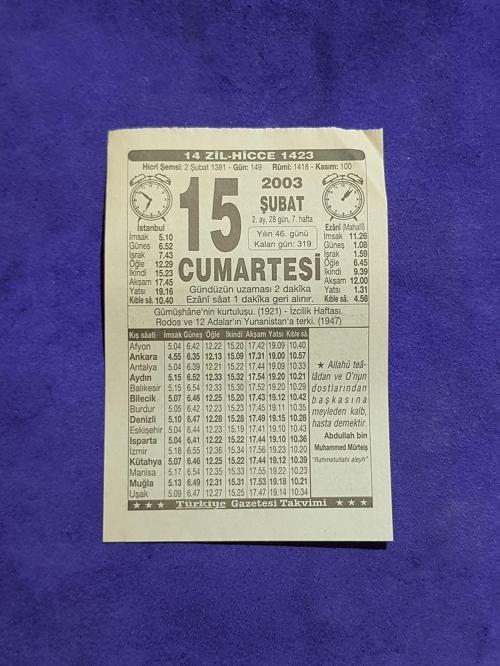 15 Şubat 2003 Takvim Yaprağı - Nostaljik Koleksiyonluk Takvim Yaprağı