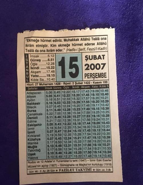 15 Şubat 2007 Takvim Yaprağı - Nostalji Koleksiyonluk Takvim Yaprağı
