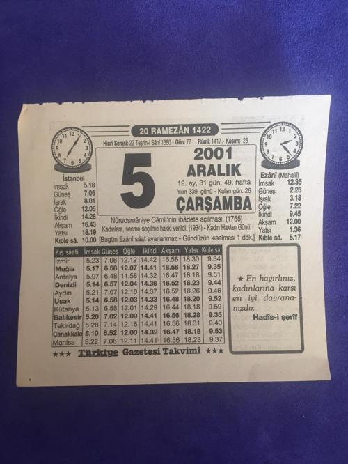5 Aralık 2001 Takvim Yaprağı - Nostalji Koleksiyonluk Takvim Yaprağı B