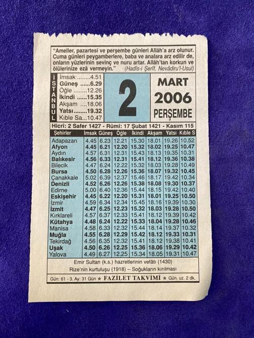 2 Mart 2006 Takvim Yaprağı - Nostalji Koleksiyonluk Takvim Yaprağı