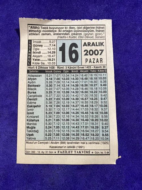 16 Aralık 2007 Takvim Yaprağı - Nostalji Koleksiyonluk Takvim Yaprağı