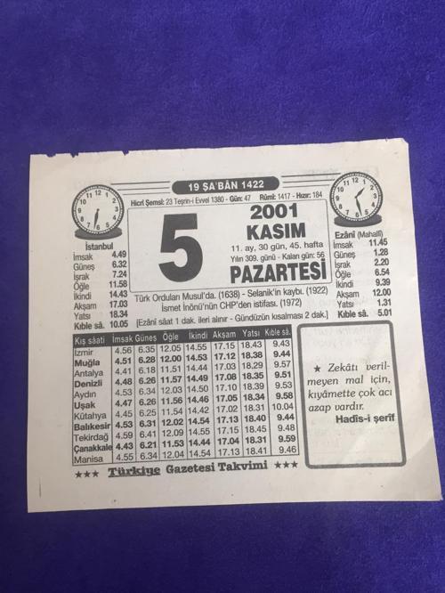 5 Kasım 2001 Takvim Yaprağı - Nostalji Koleksiyonluk Takvim Yaprağı B